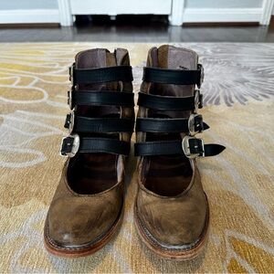 Brown Leather Buckle Strap Ankle Boots